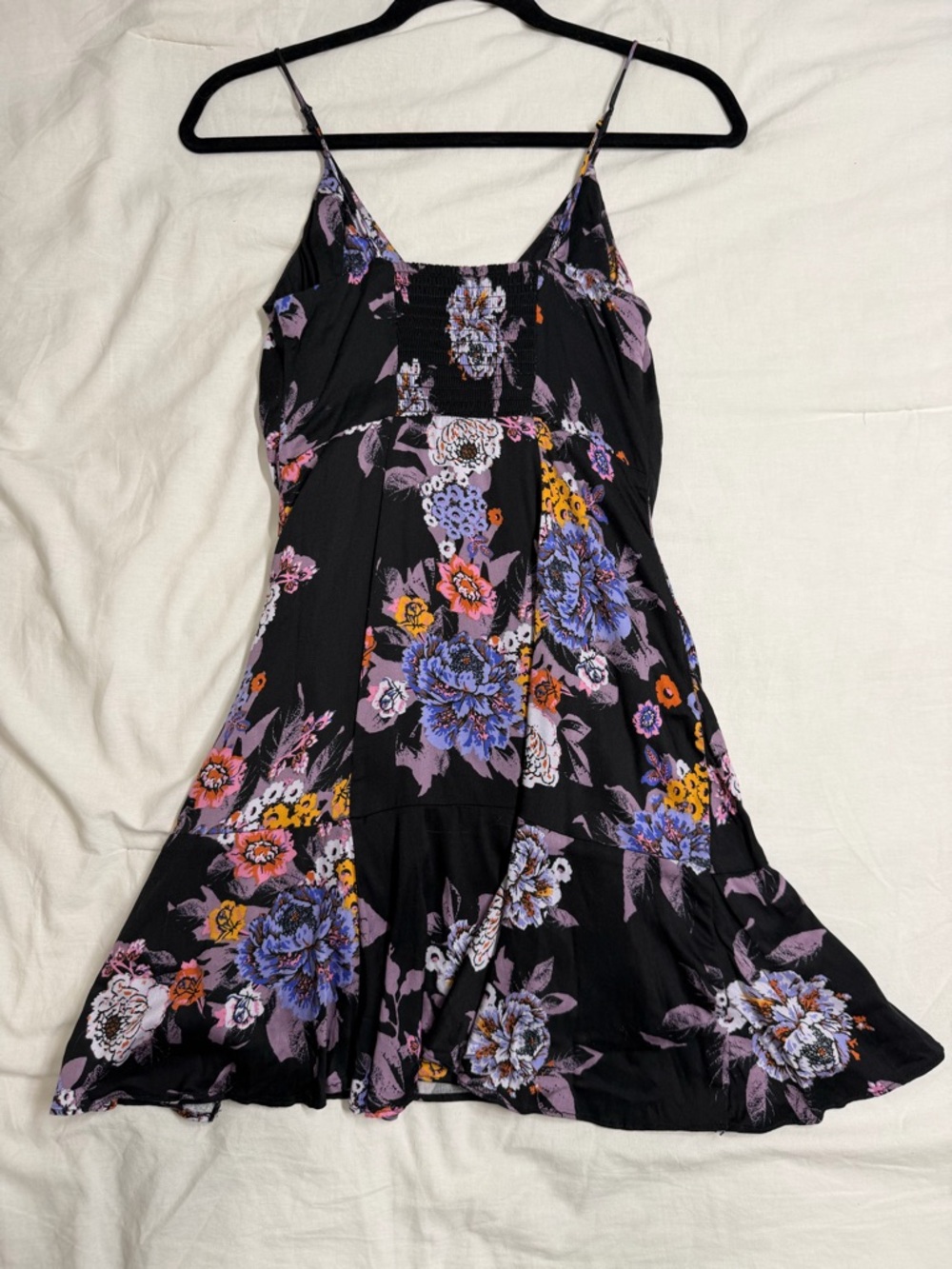 Free People Floral Mini Dress XS Ruched Bust Slip Boho Black Purple